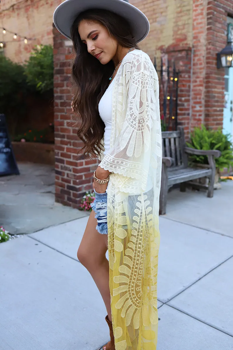 Wild Love Ombre Dip Dyed Lace Bohemian Kimono - Mustard
