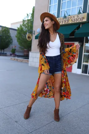 Wilder Mix Print Bell Sleeve Boho Kimono Duster - Mustard