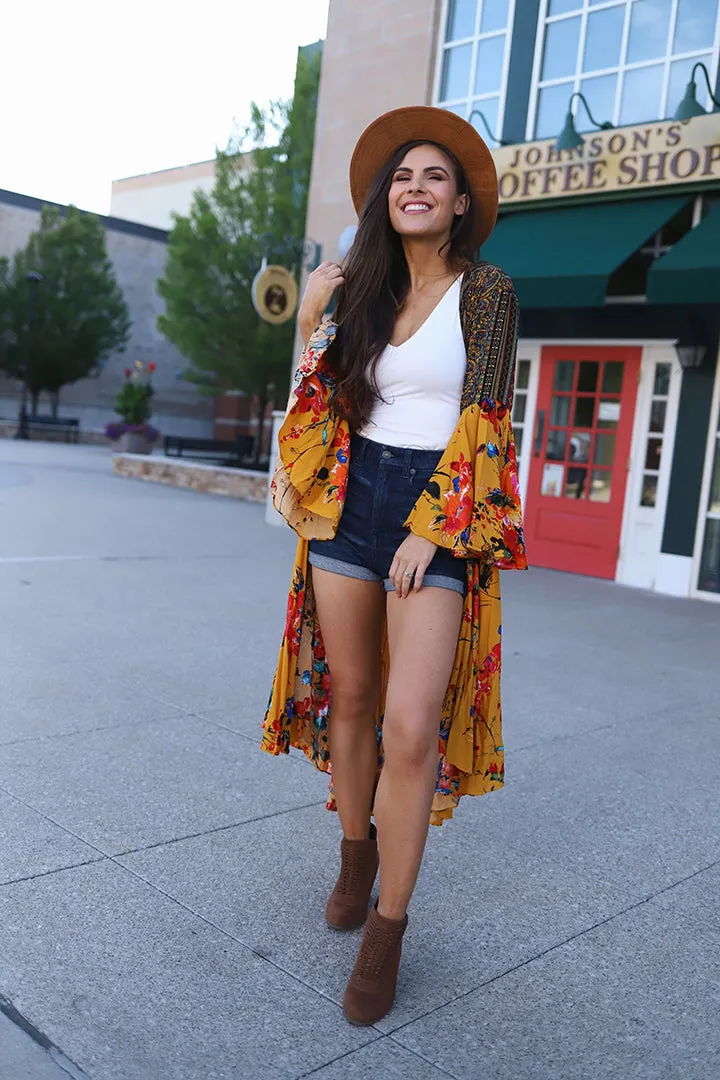 Wilder Mix Print Bell Sleeve Boho Kimono Duster - Mustard