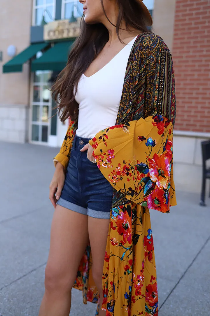 Wilder Mix Print Bell Sleeve Boho Kimono Duster - Mustard