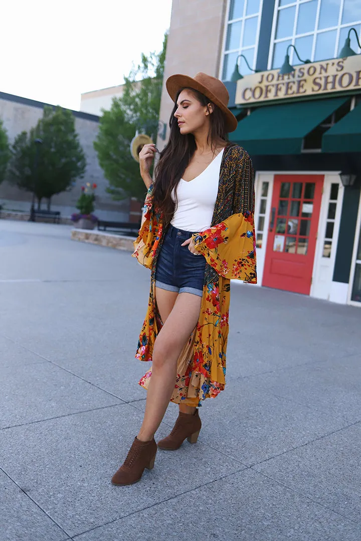 Wilder Mix Print Bell Sleeve Boho Kimono Duster - Mustard