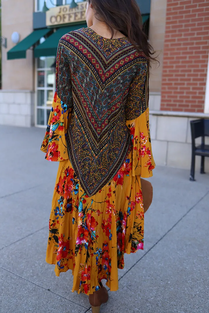 Wilder Mix Print Bell Sleeve Boho Kimono Duster - Mustard