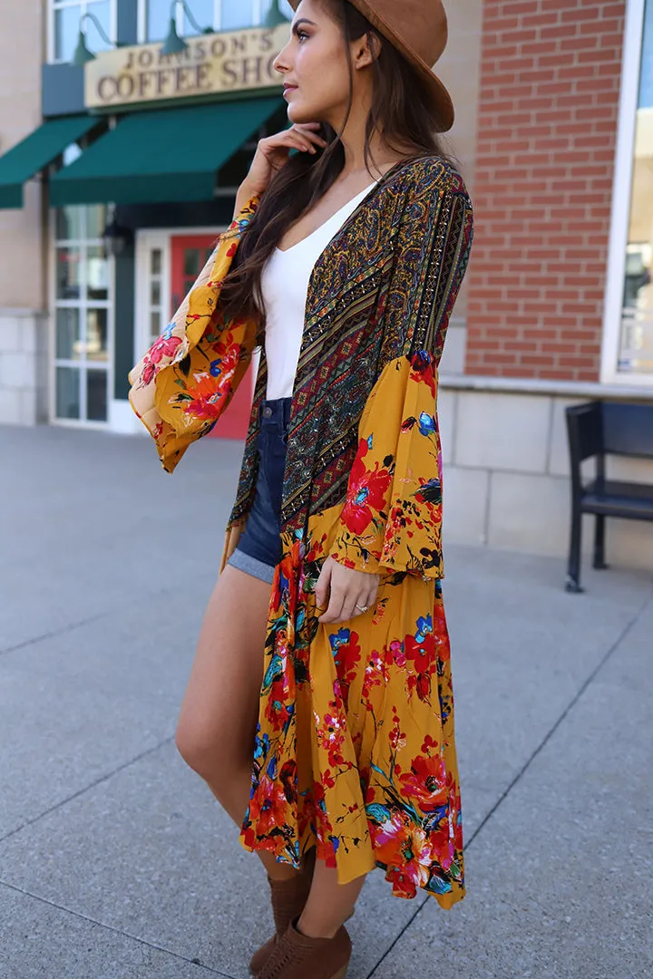 Wilder Mix Print Bell Sleeve Boho Kimono Duster - Mustard