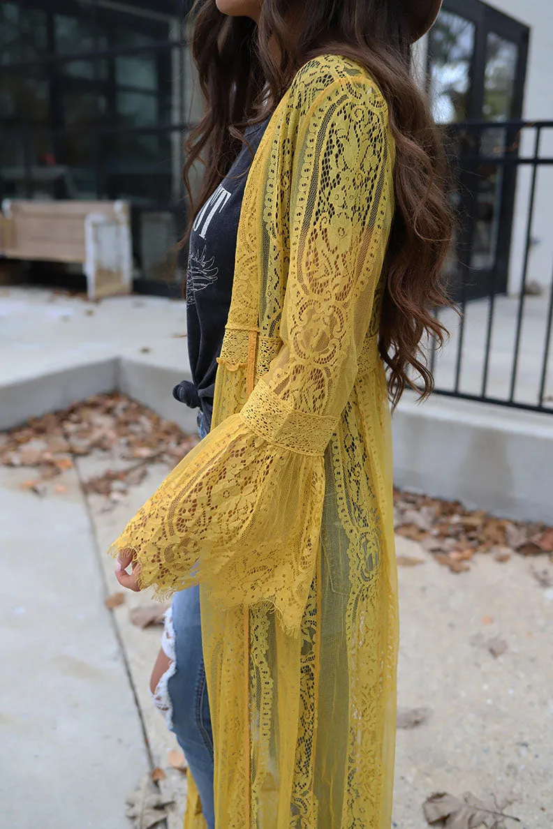 Wildest Dreams Long Lace Bell Sleeve Boho Duster - Mustard *RESTOCKED*