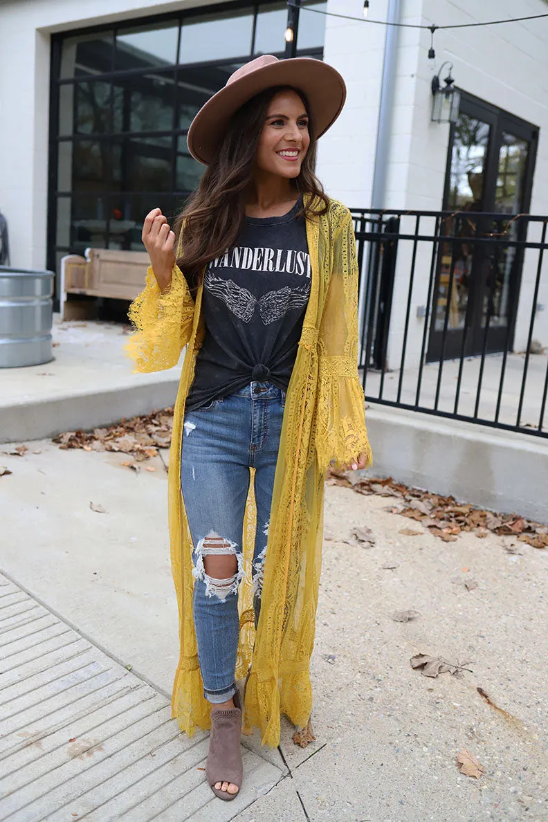 Wildest Dreams Long Lace Bell Sleeve Boho Duster - Mustard *RESTOCKED*