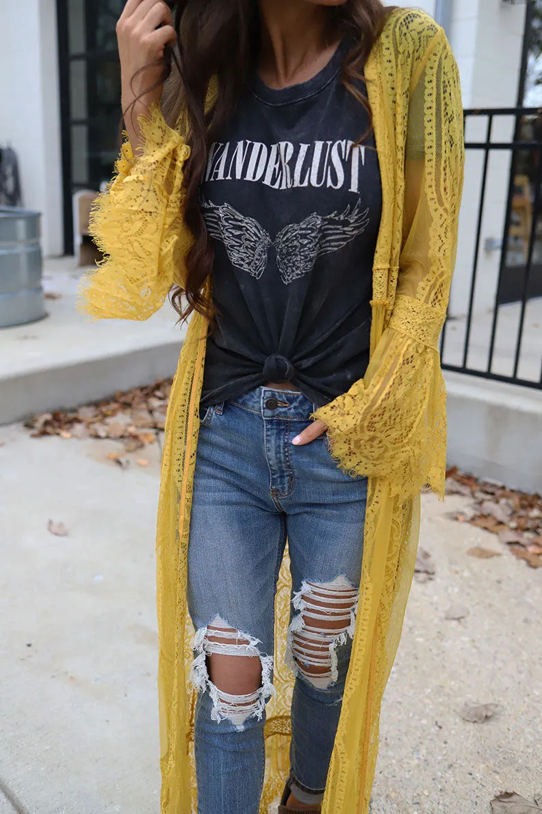Wildest Dreams Long Lace Bell Sleeve Boho Duster - Mustard *RESTOCKED*