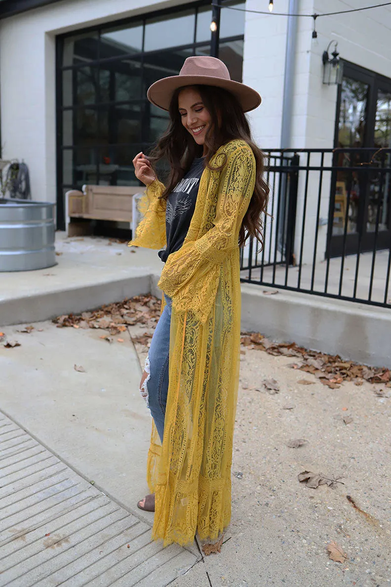 Wildest Dreams Long Lace Bell Sleeve Boho Duster - Mustard *RESTOCKED*