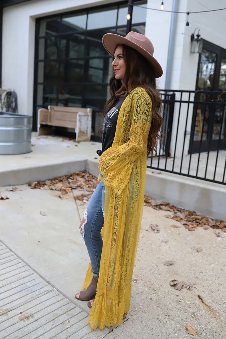 Wildest Dreams Long Lace Bell Sleeve Boho Duster - Mustard *RESTOCKED*