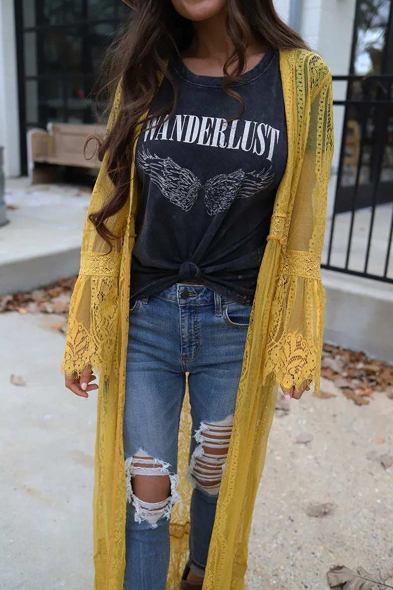 Wildest Dreams Long Lace Bell Sleeve Boho Duster - Mustard *RESTOCKED*