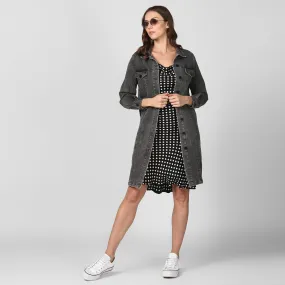 Women's Grey Long Overcoat Style Denim Jacket with Washed effect - StyleStone