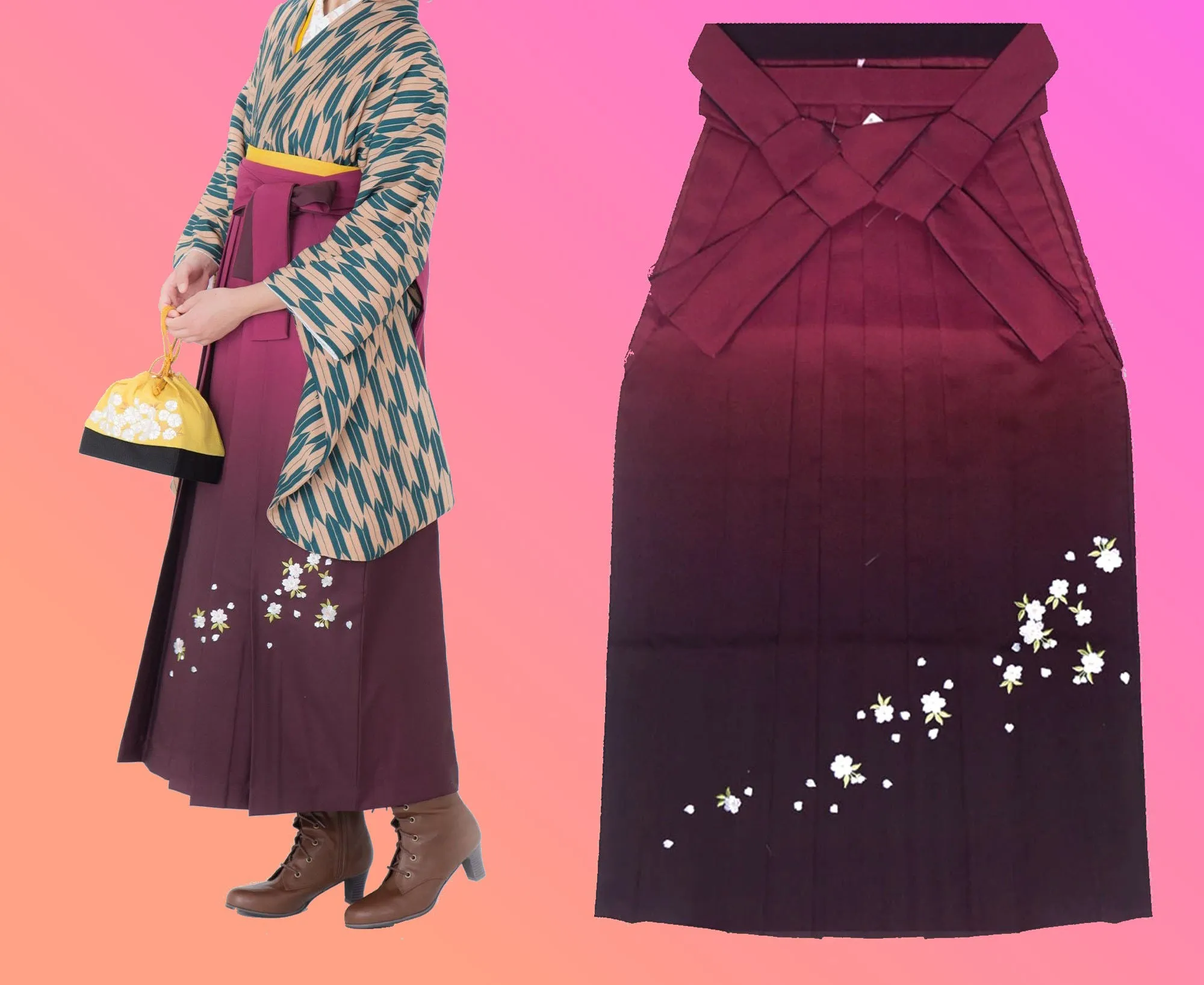 Women's Hakama - Wine to Dark Red Gradient with White Flowers - Brand New Kimono Pants/Trousers - Washable