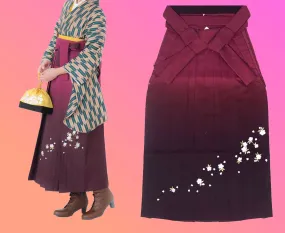 Women's Hakama - Wine to Dark Red Gradient with White Flowers - Brand New Kimono Pants/Trousers - Washable