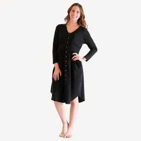 womens long sleeve shirt tail button dress | black licorice | organic cotton thermal