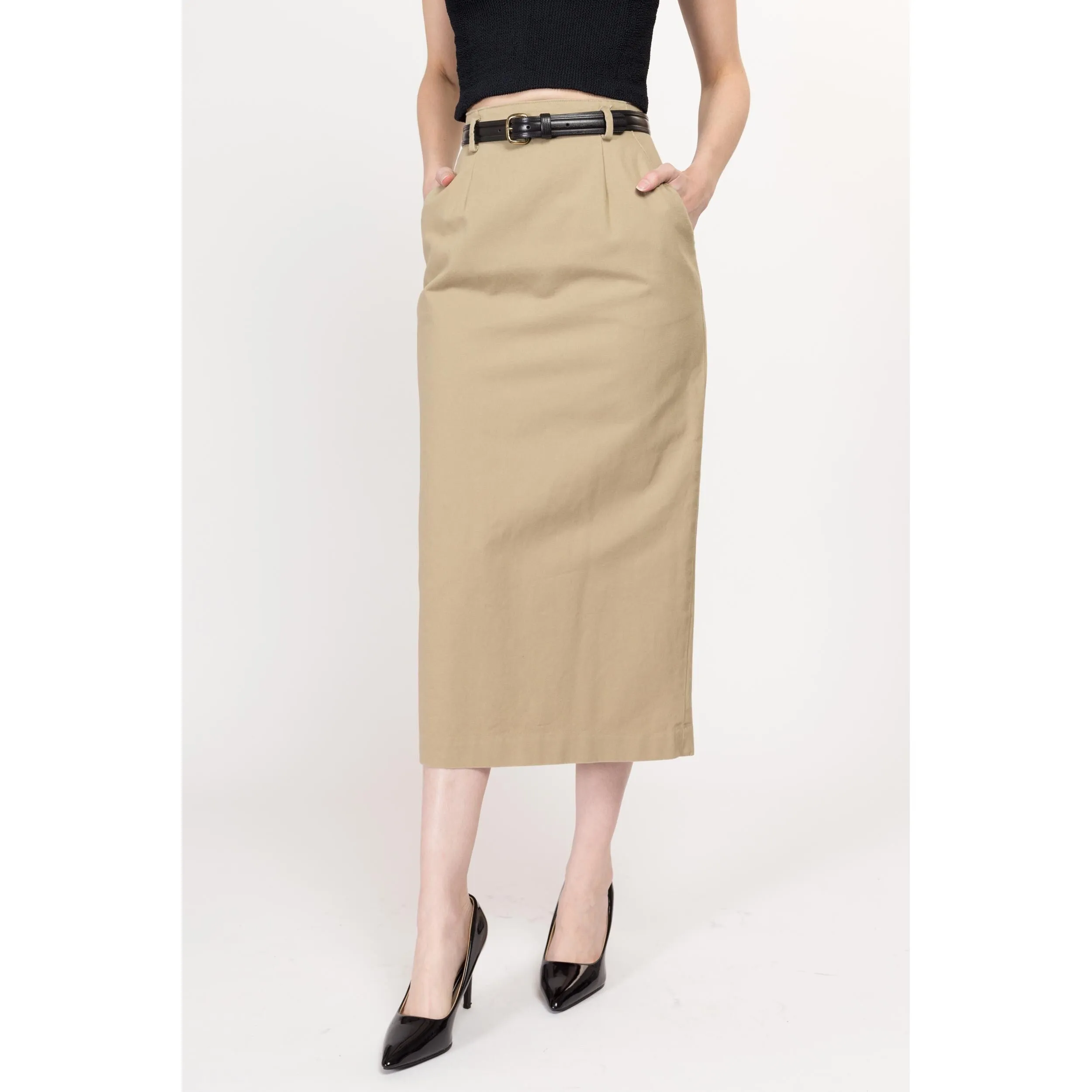XS 80s Minimalist Khaki Midi Skirt 24"