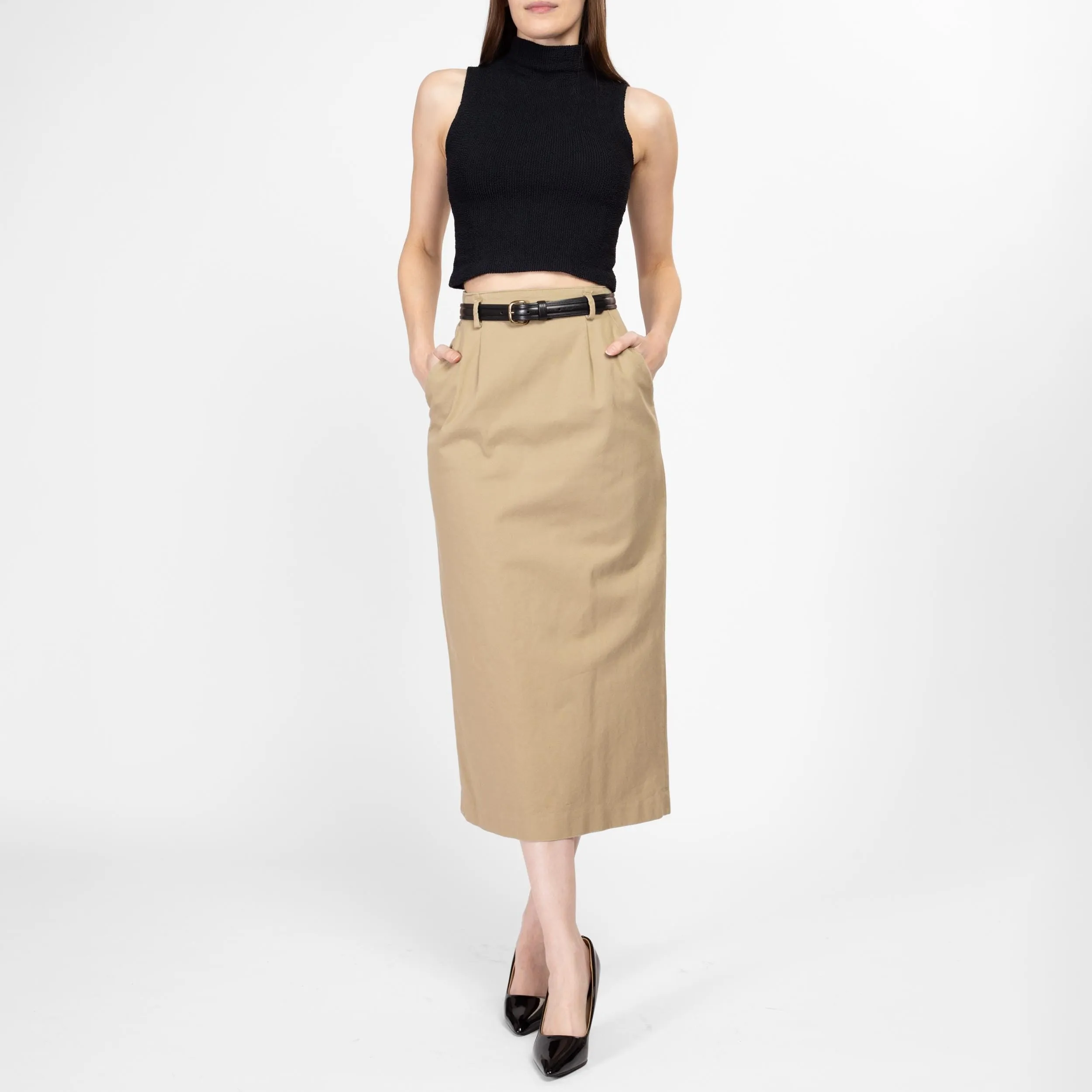 XS 80s Minimalist Khaki Midi Skirt 24"
